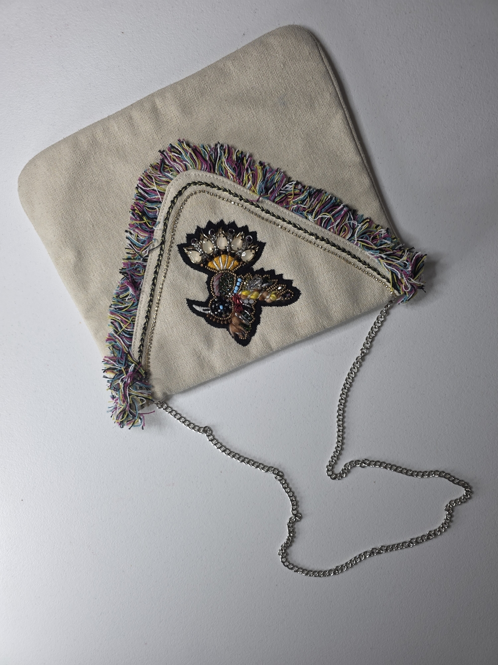 Steve Madden Cream Shoulder Bag with Beaded Hummingbird and Multicolor Fringe